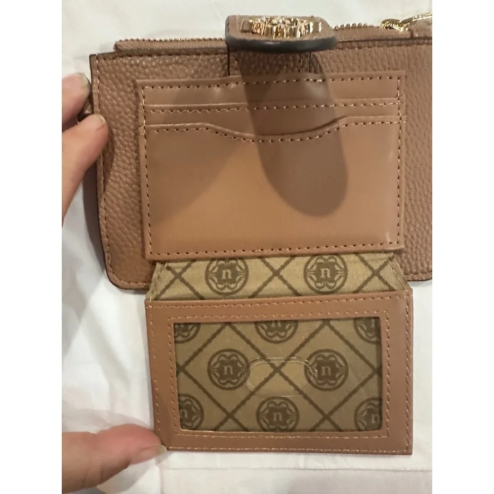 Nanette Lepore Taupe Brown Pebbled Card Case Zip Wallet with ID Window